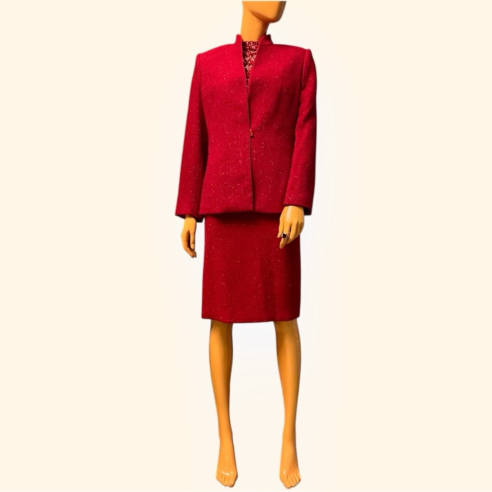 KASPER Red Sparkle Tweed Plaid Petite Skirt Suit